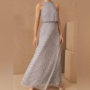 Art Deco Adrianna Papell Beaded Women's Halter Blouson Dress Silver Plus Size 14